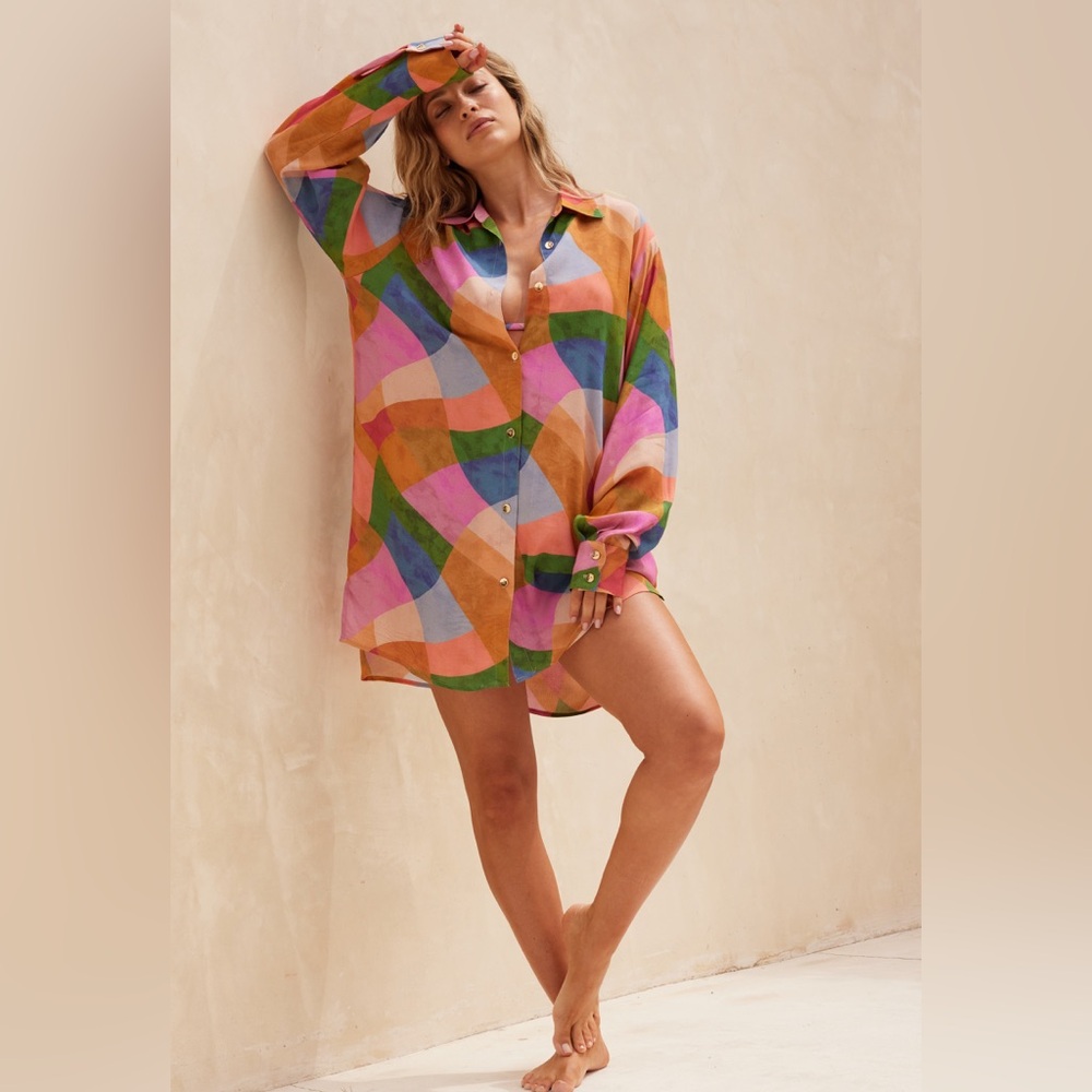 Aquari solara Shirt Dress Kaleidoscope multi color oversized size xs coverup